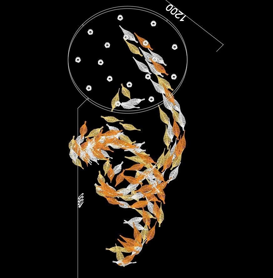 Đèn thông tầng dimmer lá lông vũ cao cấp PL045 gồm mâm inox tròn gương trắng, 17 đèn dimmer D40, 150 lá lông vũ trắng lẫn và lá hổ phách, KT(mm): D1200 x H4000